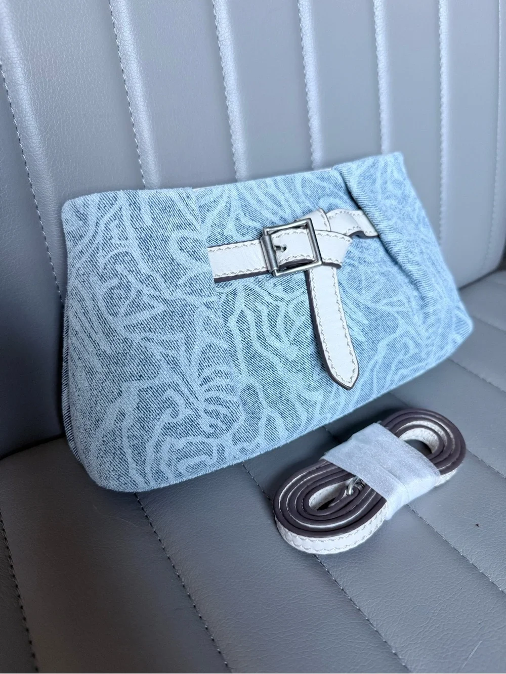 Aimee Kestenberg Houston Belted Clutch Crossbody Denim Looking Genuine Leather